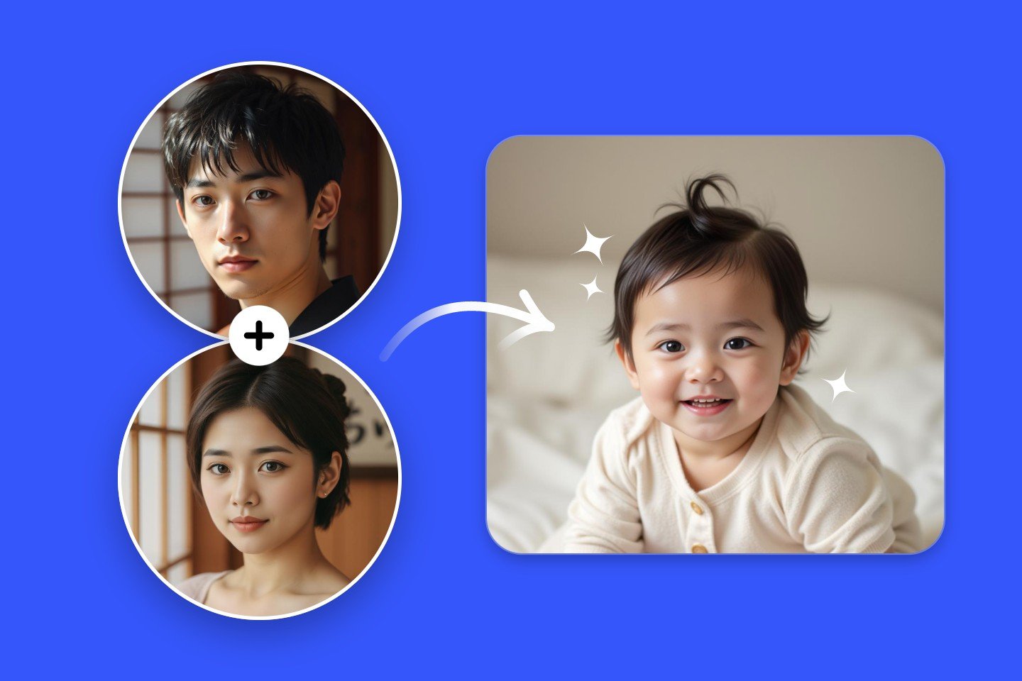 Fotorの未来の子供の顔予想機能で女性と男性のふたりの顔を合成して将来の子供の顔を生成