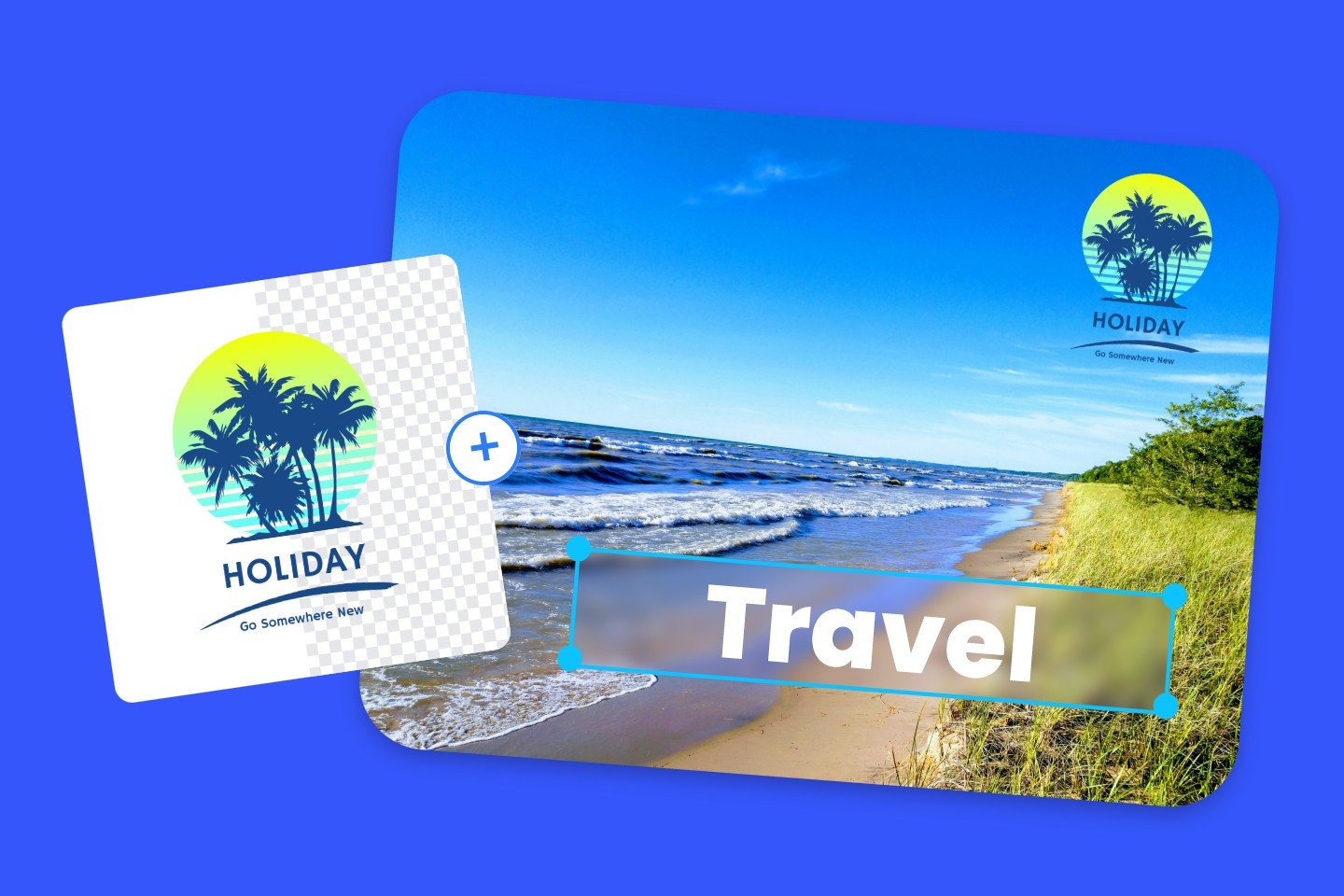 Banner image for fotor overlay images featuring a beach view photo overlaid with a holidaly icon and travel text
