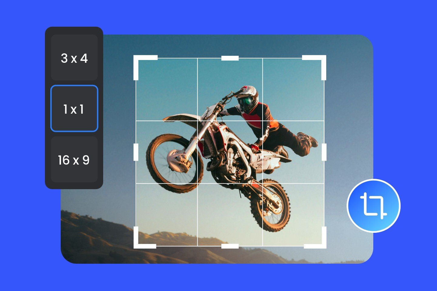 Crop a photo of a motorcycle rider using different aspect ratio options in fotor