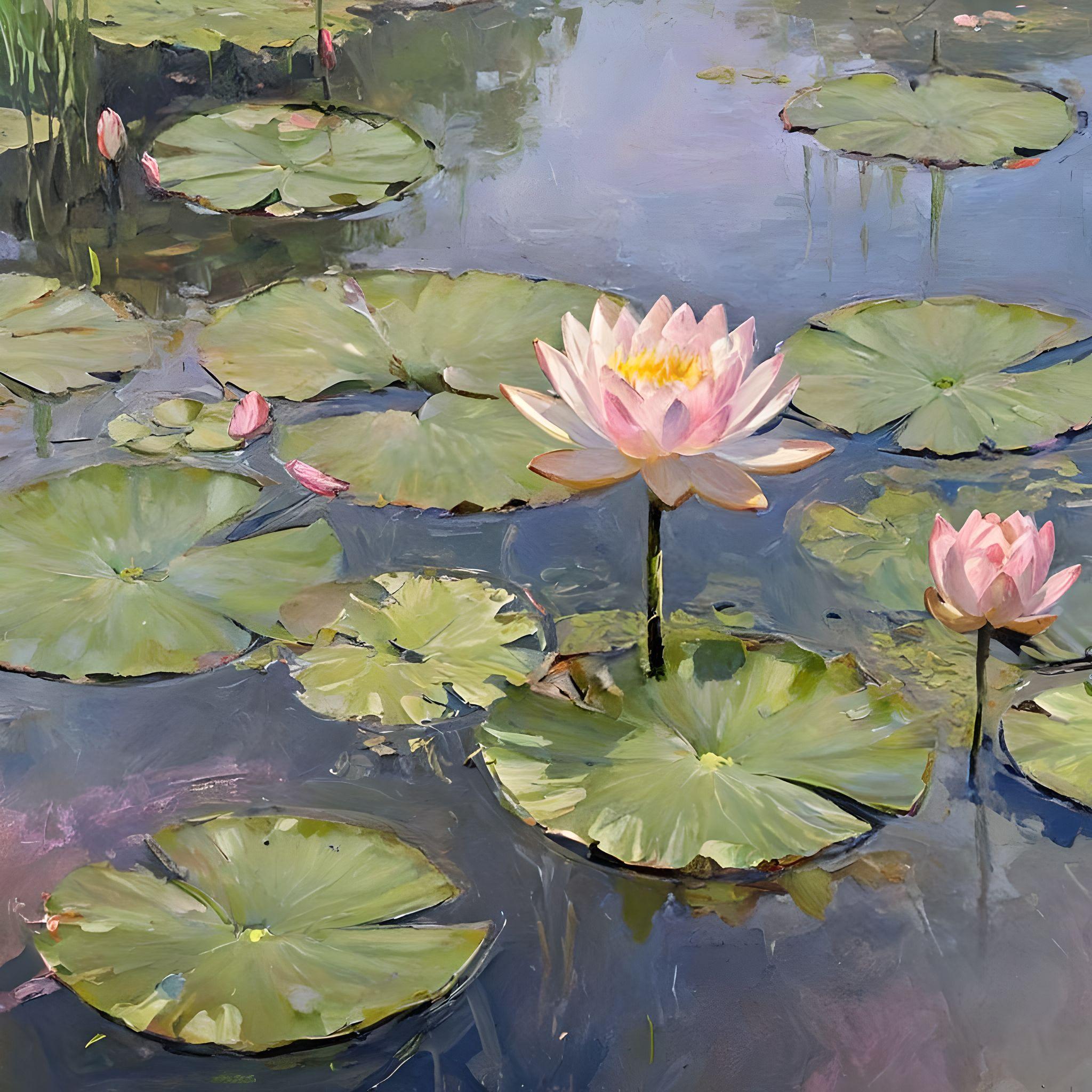 AI generated image prompt: garden tree lily pad lotus pink flower river water scenery impressionist
