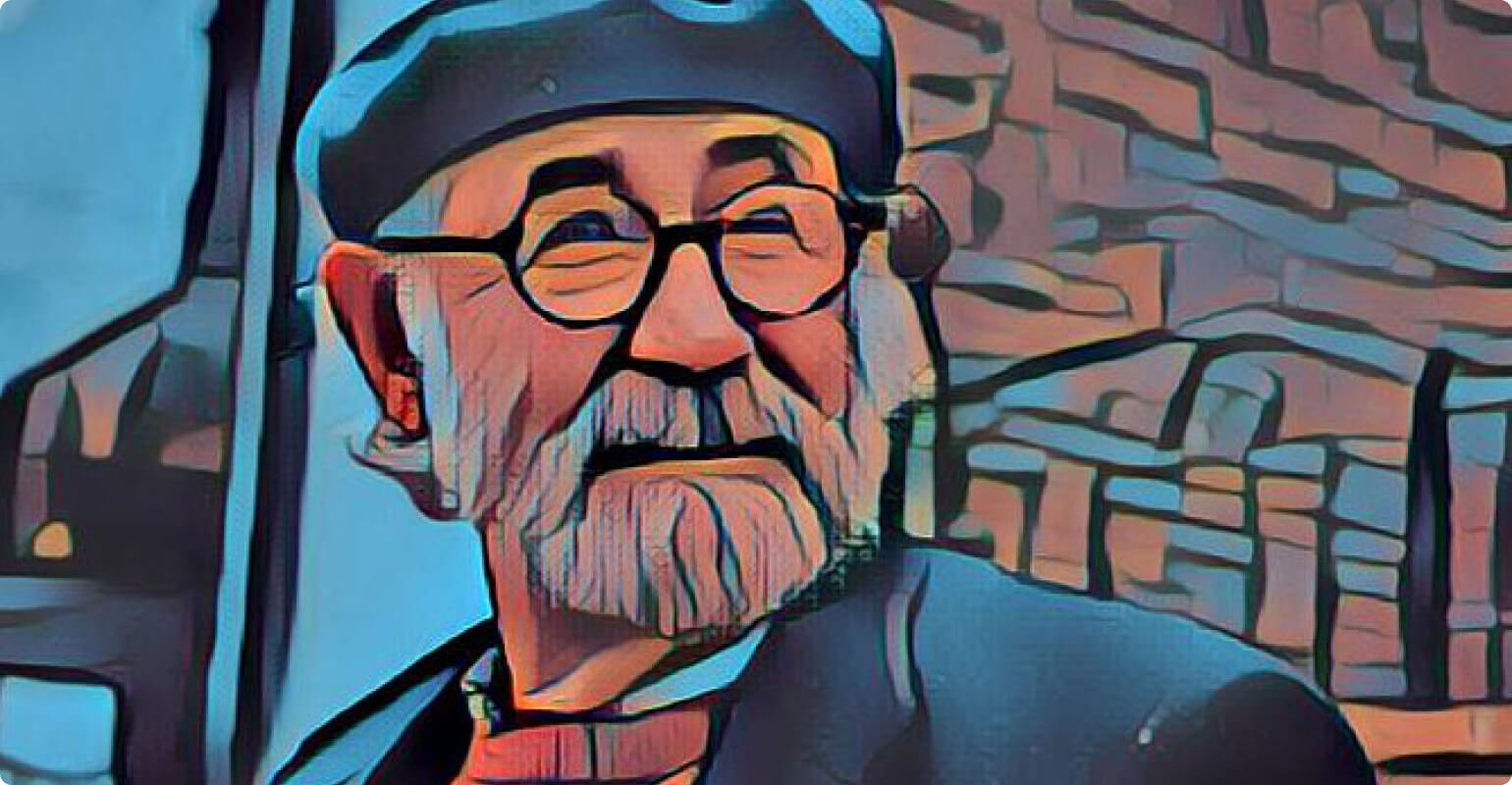 안경을 쓴 노인에게 AI 스케치 효과 적용