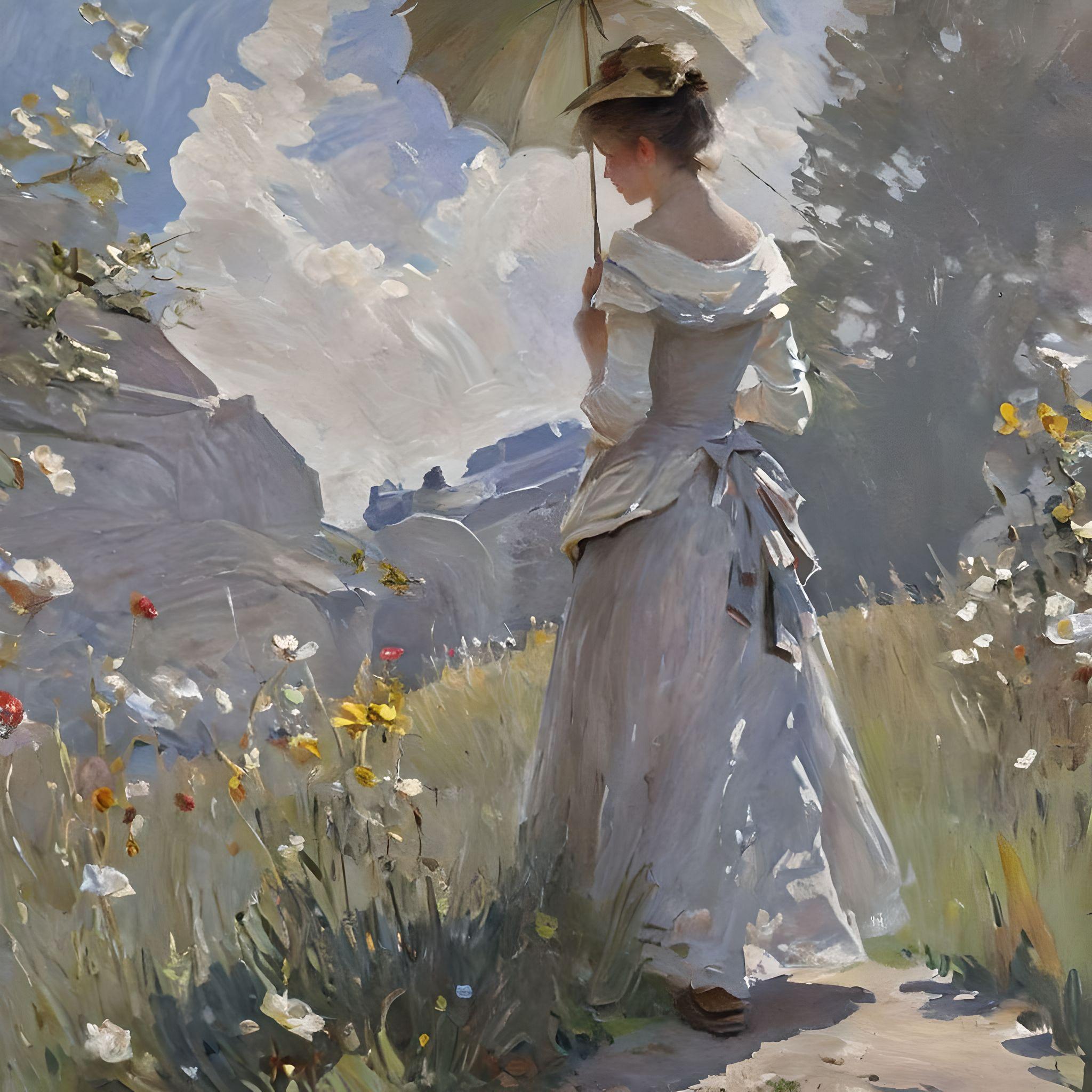 AI generated image prompt: impressionist Monet woman with a parasol obscure back