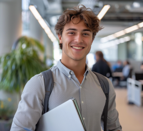 Young male office worker in a gray shirt and backpack in an office