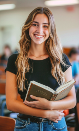 White female college student with long brown curly hair, holding a book